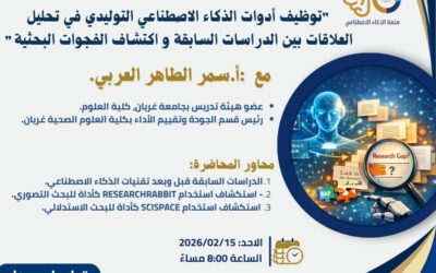 دعوة لحضور محاضرة بعنوان: توظيف أدوات الذكاء الاصطناعي التوليدي في تحليل العلاقات بين الدراسات السابقة واكتشاف الفجوات البحثية